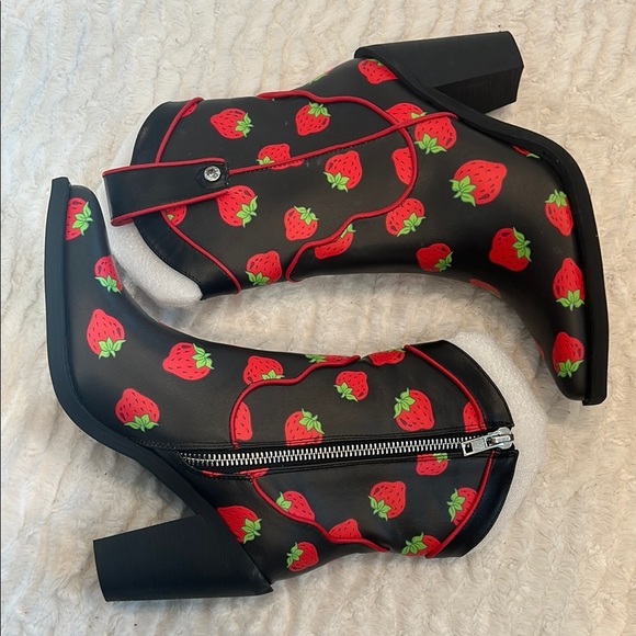 Dolls Kill Shoes - DOLLS KILL X STRAWBERRY SHORTCAKE Black Red Strawberry Heeled western Boots 10